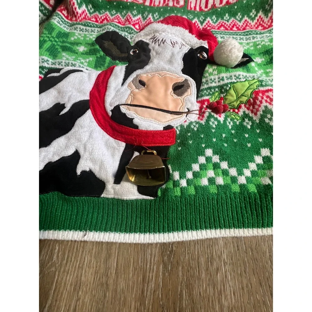 Holiday Time Cow Christmas Moood Sweater Mens Small Green Excellent Cowbell Knit
